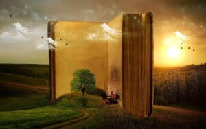 An digitally altered photograph of a very tall, old, open blank book standing up in the middle of a hilly meadow with a small red seat on one side of the pages and a hill with a tree on the other and trees, late afternoon sun, and birds in the background as well as thin patches of white clouds in the foreground in font of the book