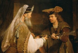 A painting of Aert de Gelder showing Ahimelech the priest handing David the sword of Goliath