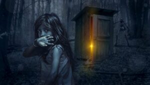 A grayscale image of young Caucasian girl looking towards the camera with the backside of her hand raised against her mouth while crouched near a wooden shed with the door partially open and a yellow light shining bursting out as well as a skeleton standing in the near distance behind it in the midst of a forest