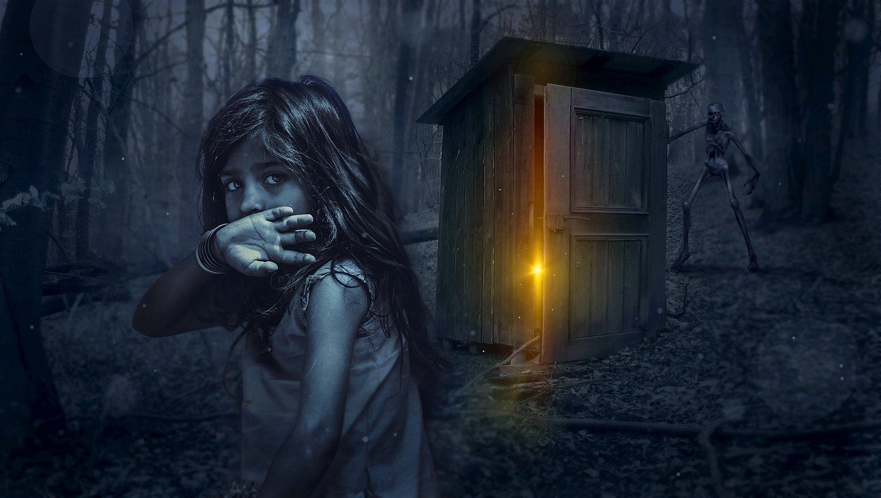 A grayscale image of young Caucasian girl looking in fear towards the camera with the backside of her hand raised against her mouth while crouched near a wooden shed with the door partially open and a yellow light shining bursting out as well as a skeleton standing in the near distance behind it in the midst of a forest