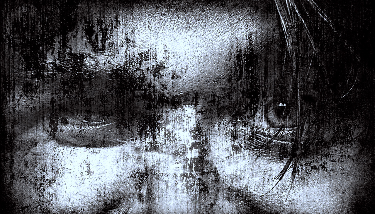 A black and white image of the cropped face of a man with one eye partially obscured and a small amount of hair over the other and an a rough overall appearance in the skin