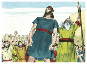 A color illustration of Saul wearing a blue tunic, a red waistband and red headband being declared king by Samuel the priest. A balding grey hair and bearded man who is wearing a green tunic with a wider red waistband and red banded cuffs while holding his arm high up on a long wooden staff with a large crowd of people cheering and arms raised in the background