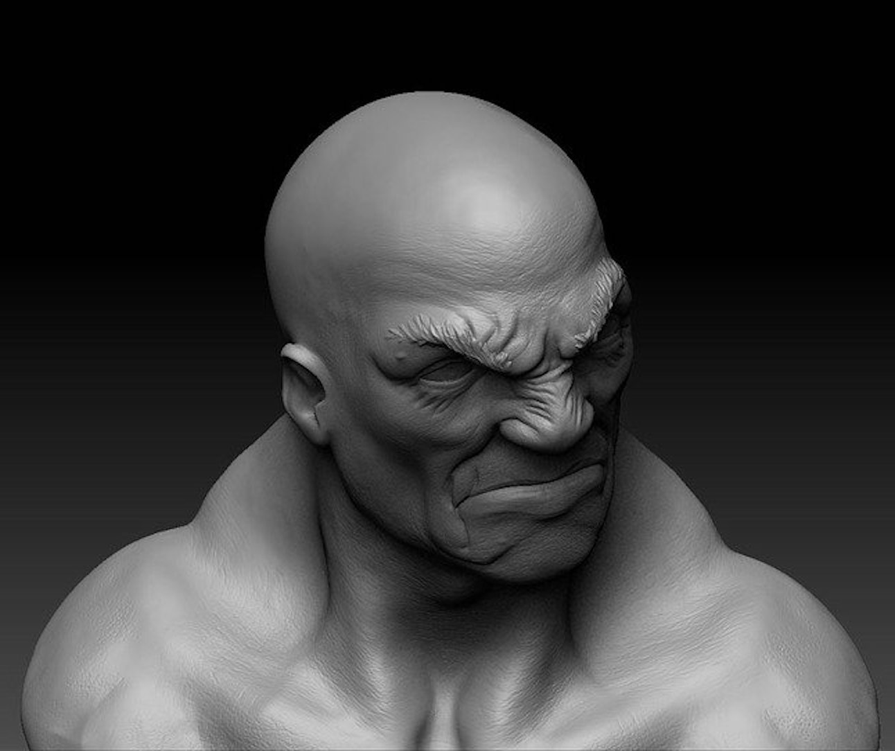 A black and white graphical image of the headshot of a bald-headed, shirtless older man in a wincing angry expression