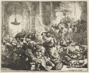 An etching of Christ driving the money changers from the Temple by Rembrandt