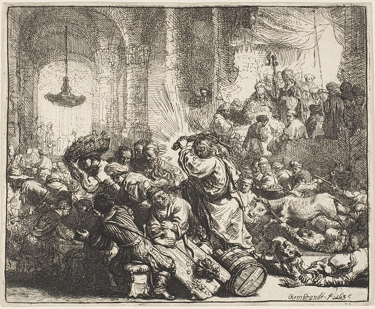 An etching of Christ driving the money changers from the Temple by Rembrandt