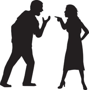 A black and white graphical image of a man and woman in a heated dispute
