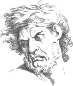 A greyscale drawing of the headshot of a bearded man with an stern expression, wild eyes and hair while looking toward his backside