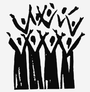 A vague graphical image of two rows of individuals with robes lifting hands in the air