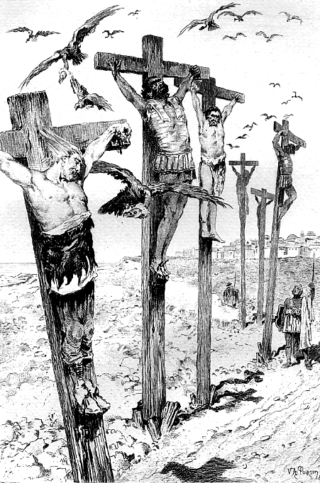 A black and white drawing of several men hanging on crosses in a Roman countryside with vultures flying close overhead