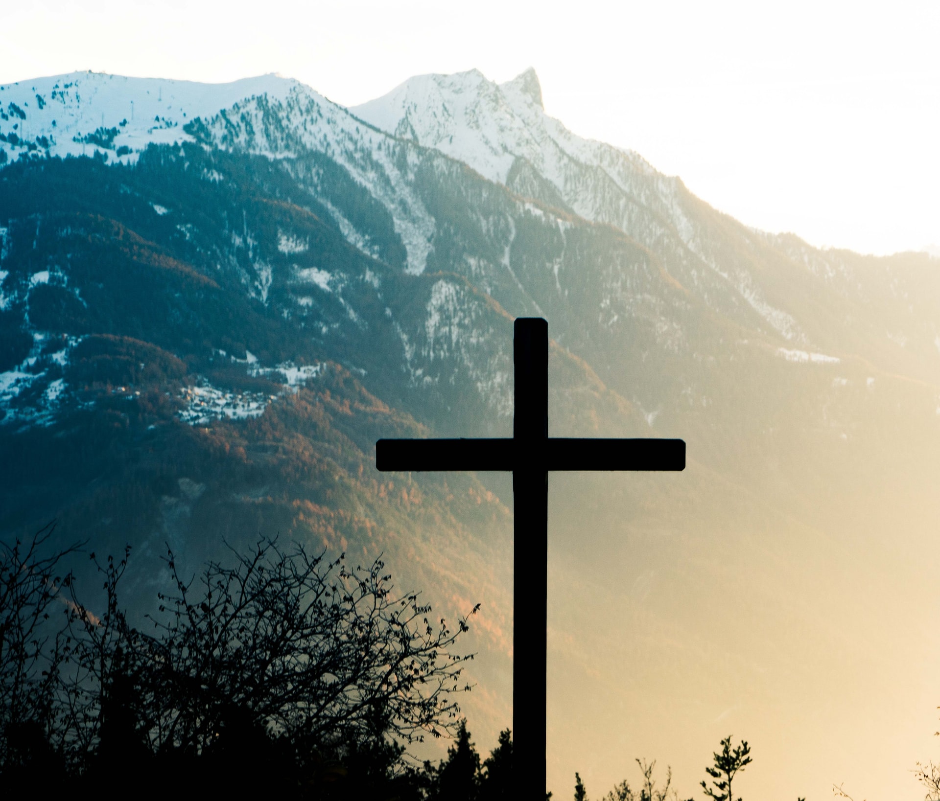 A large dark cross beside a silhouette of some overgrowth to the left with a blue tinted mountain and beige colored fog in the background