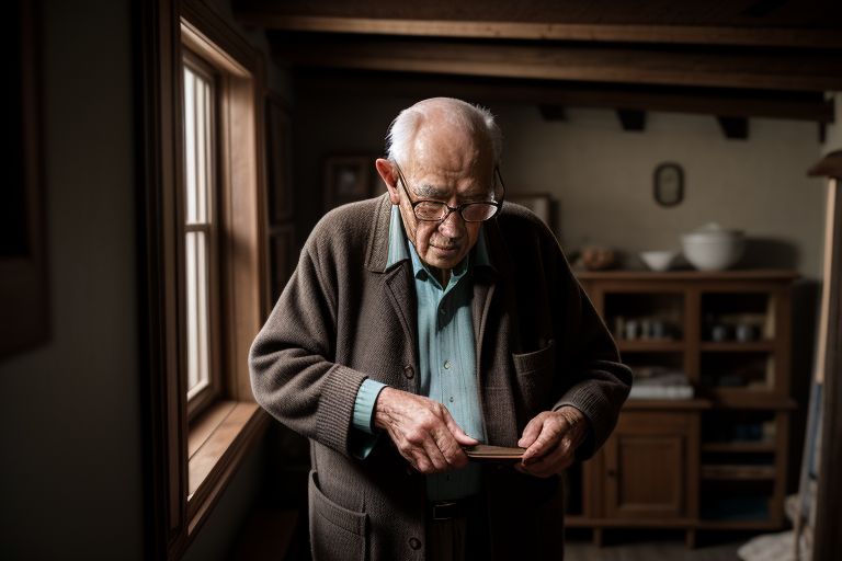An AI generated image of an elderly man looking at an object by a well lit window in an old room