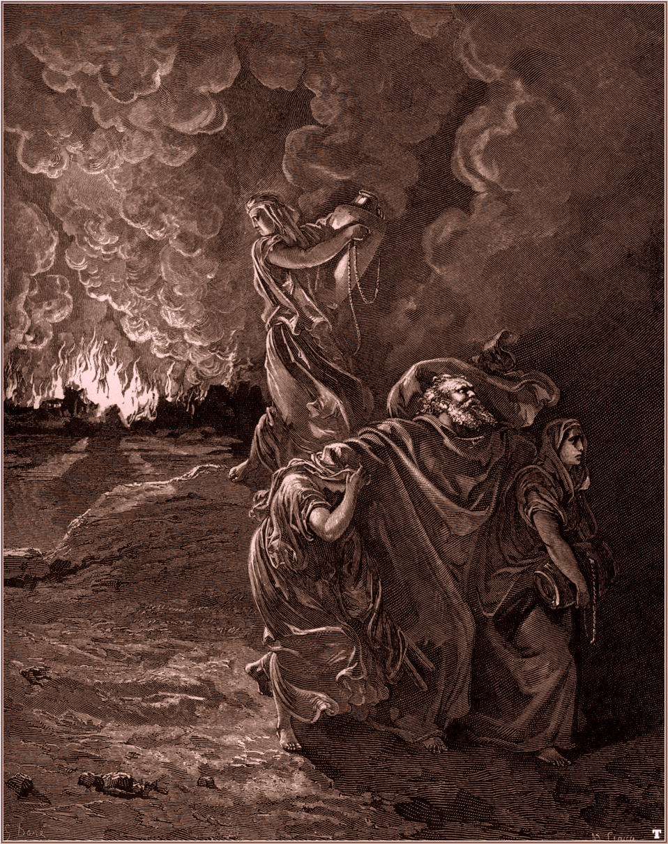 A woodcut of Lot and his family fleeing the judgment of Sodom as fire rages in the background and his wife just behind him looking back and the city while holding a large pitcher