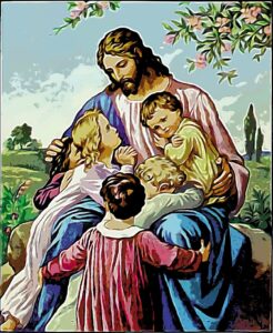 Colored artwork of Jesus Christ seated with several children in His lap and embracing Him