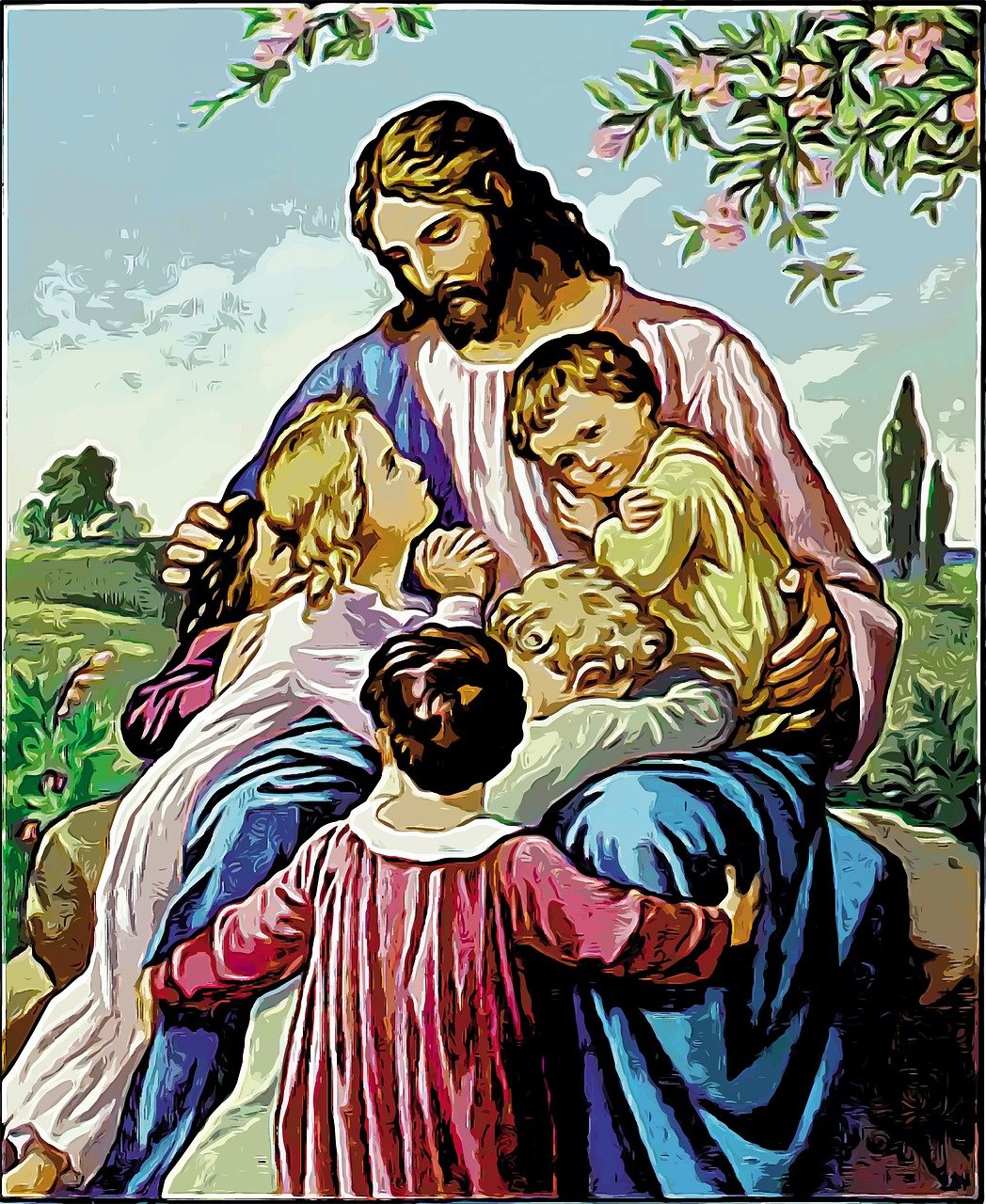 Colored artwork of Jesus Christ seated with several children in His lap and embracing Him