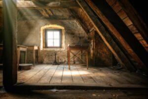 A photo of part of the inside of an old attic with an angled wall, three small tables, a small well-lit window, and sunbeams streaming down from a skylight in the roof