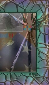 Half of a broken mirror with various military ribbons, medals, a triangle flag, and photo reflecting in it with a green and blue stained glass border