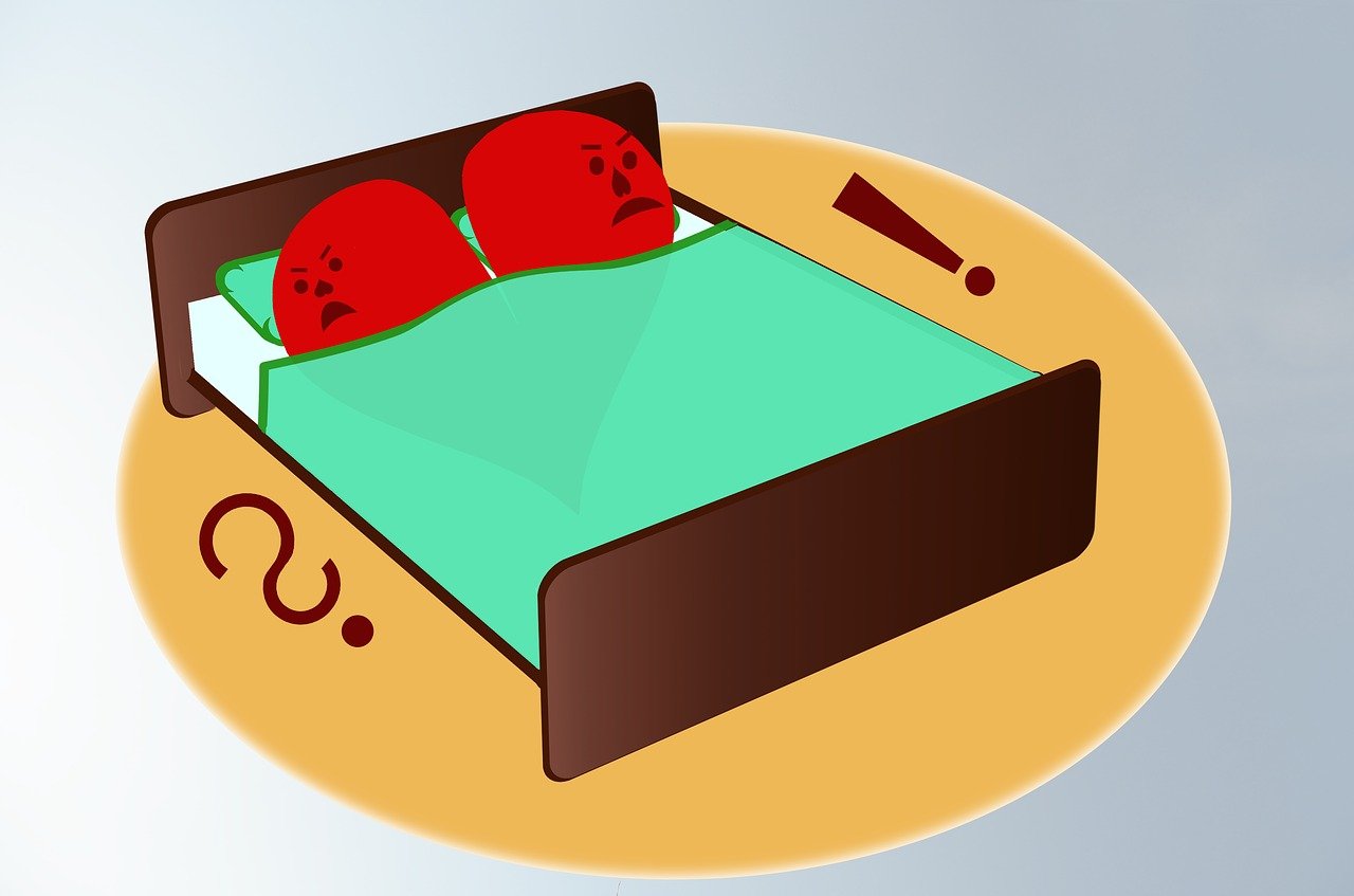 A graphical image of two halves of a red heart with faces of anger turned away from each other in a brown bed with a green sheet on a tan circle and a brown question mark and exclamation mark on each side respectively