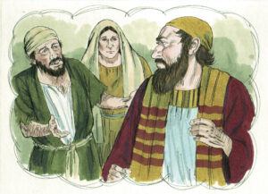Colored drawings of two Middle Eastern men and a women in traditional dress with one man wearing green and white conversing with the other in red, gold, and white who is looking and listening and the woman observing in the background