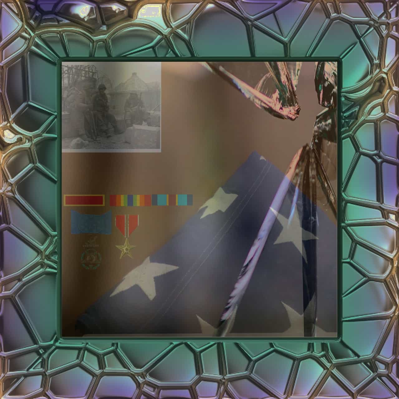 A broken mirror with various military ribbons, medals, a triangle flag, and photo reflecting in it with a green and blue stained glass border