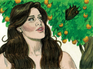 An illustration of a woman with long brown hair and bare shoulders looking at a snake's head nested in a large fruit tree