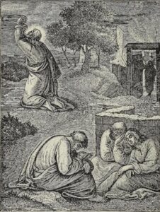 An engraving of Jesus praying in the garden of Gethsemane with His disciples asleep in the foreground