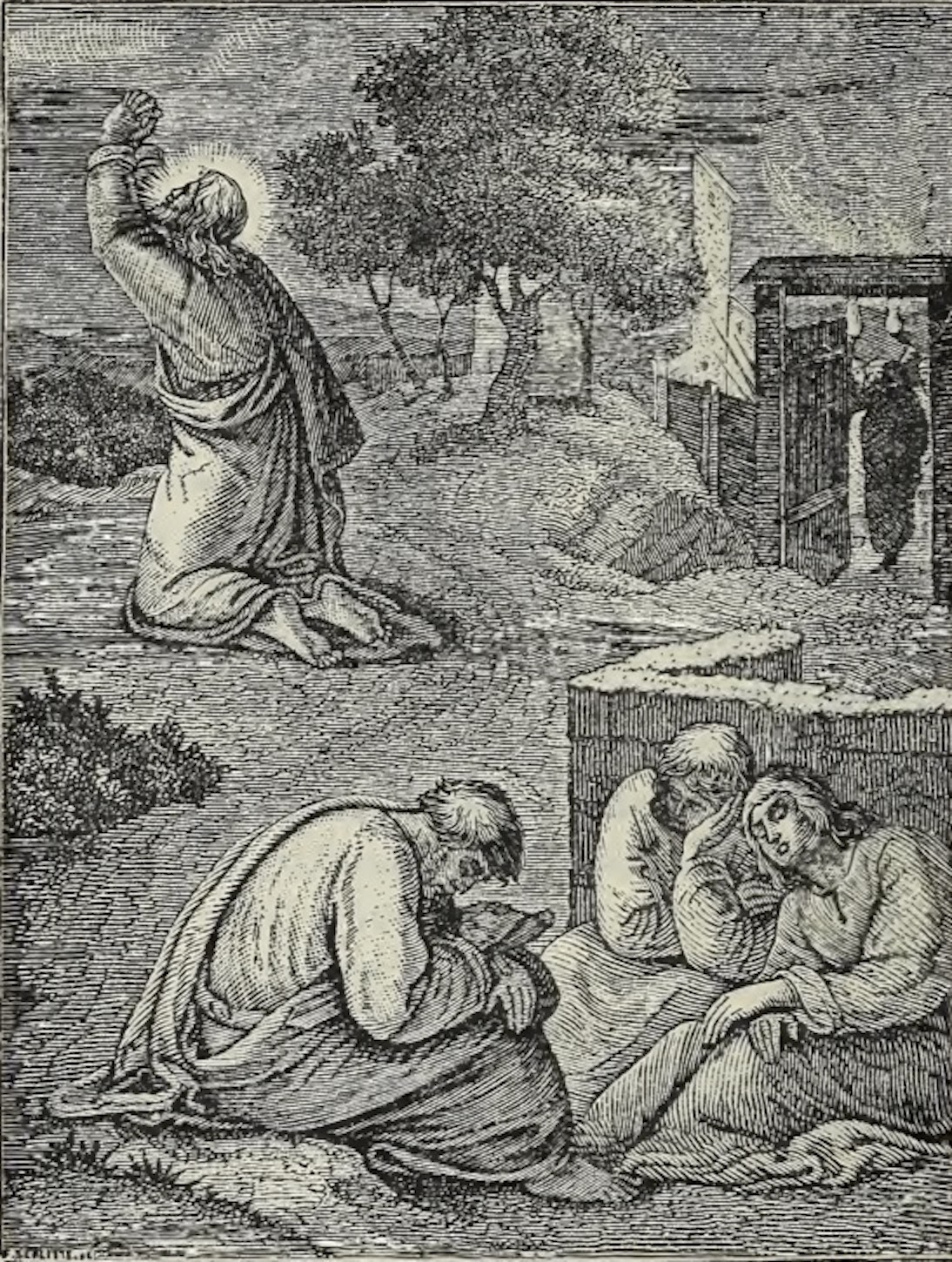 An engraving of Jesus praying in the garden of Gethsemane with His disciples asleep in the foreground