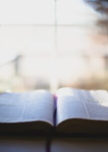 A photo of an open Bible laying flat with a brightly sunlit window in the background