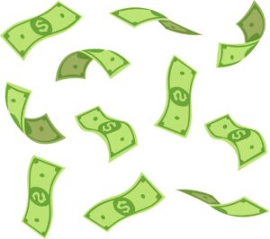 A graphical illustration of falling green rectangular strips of paper with dollar signs in the middle of each one