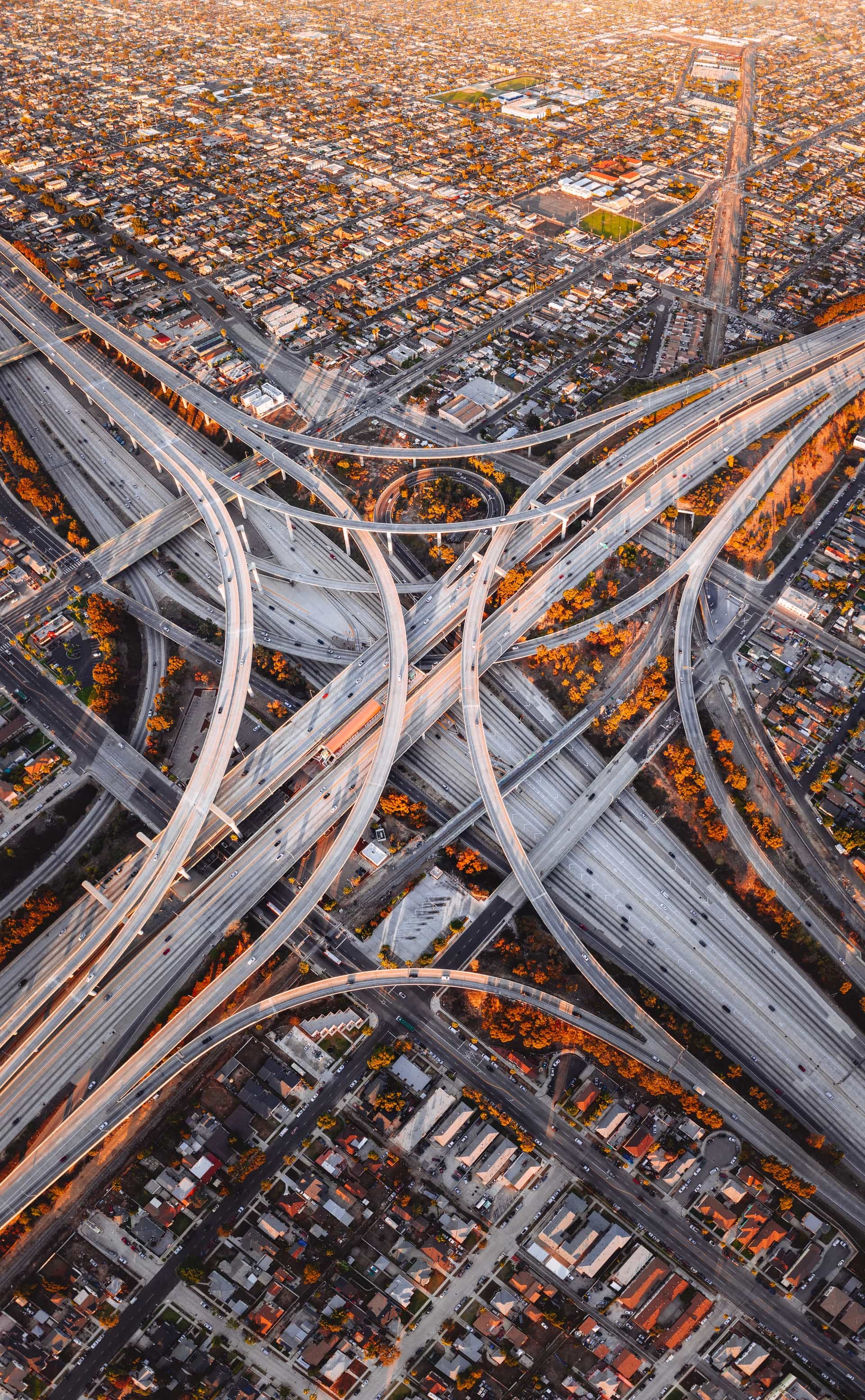 An aerial photo of the Judge Harry Pregerson Interchange in Los Angeles, California but none of this is the way to God