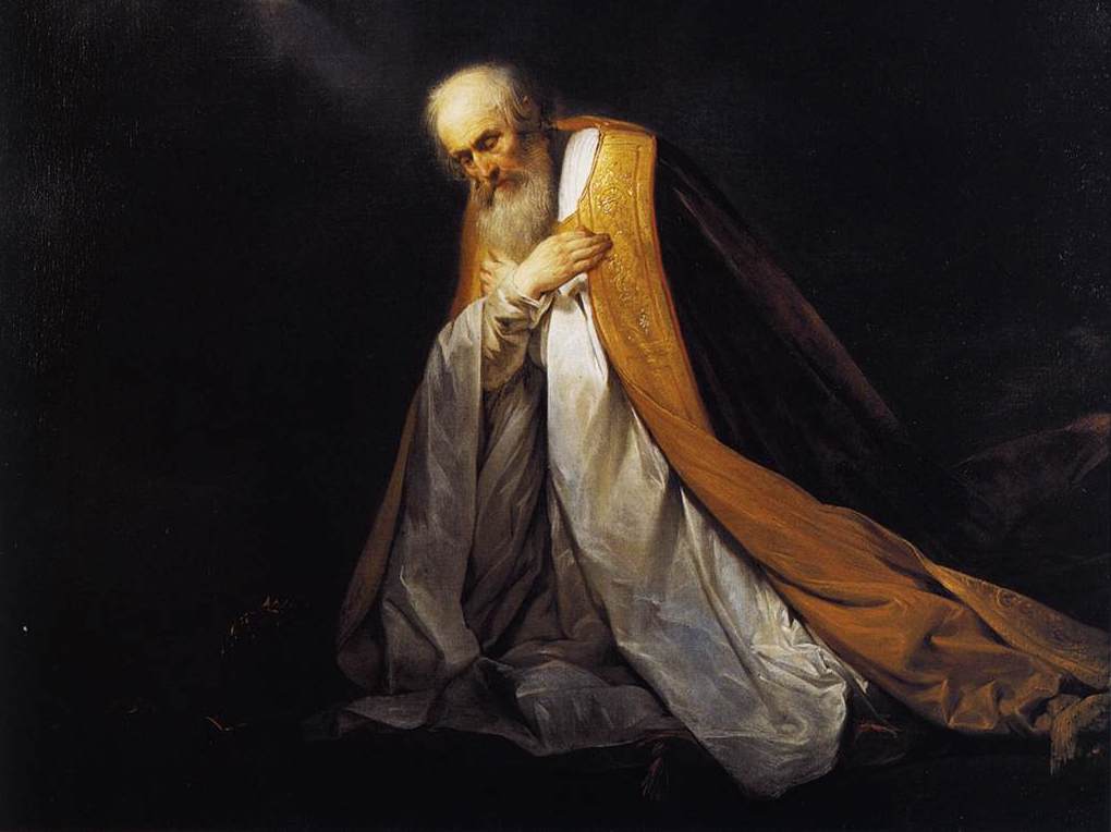 A cropped 1640 painting by Pieter de Grebber of King David, who demostrated the need to be in a lowly position to suceed, seated and hunched over in prayer with a bronze/gold colored covering draped over a white garment covering his body with light streaming down upon his head and body