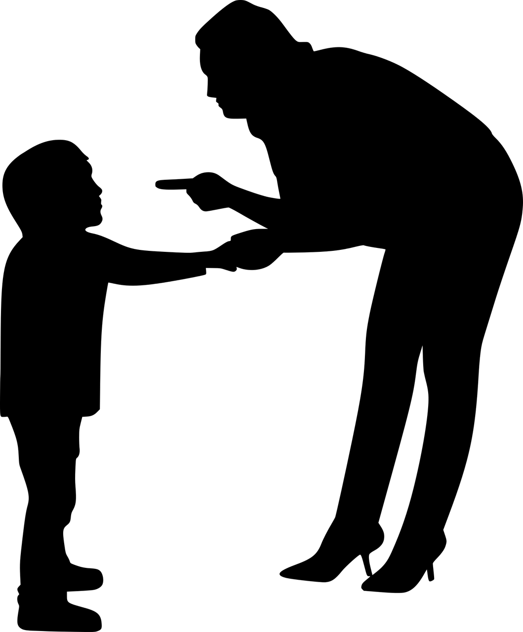 A silhouette of a woman bent over while pointing her left index finger at and holding the hand of a small boy standing in front of her