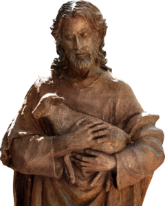 A bronze statute of Jesus holding a lamb in His arms