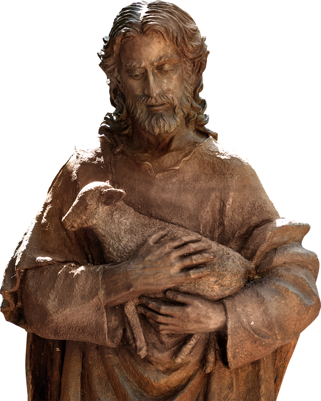A bronze statute of Jesus holding a lamb in His arms symbolic of the Good Shepherd