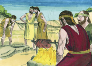 A color illustration of several men in various colored Middle Eastern outfits standing around a uncovered pit and meat roasting over a spit while talking among each other