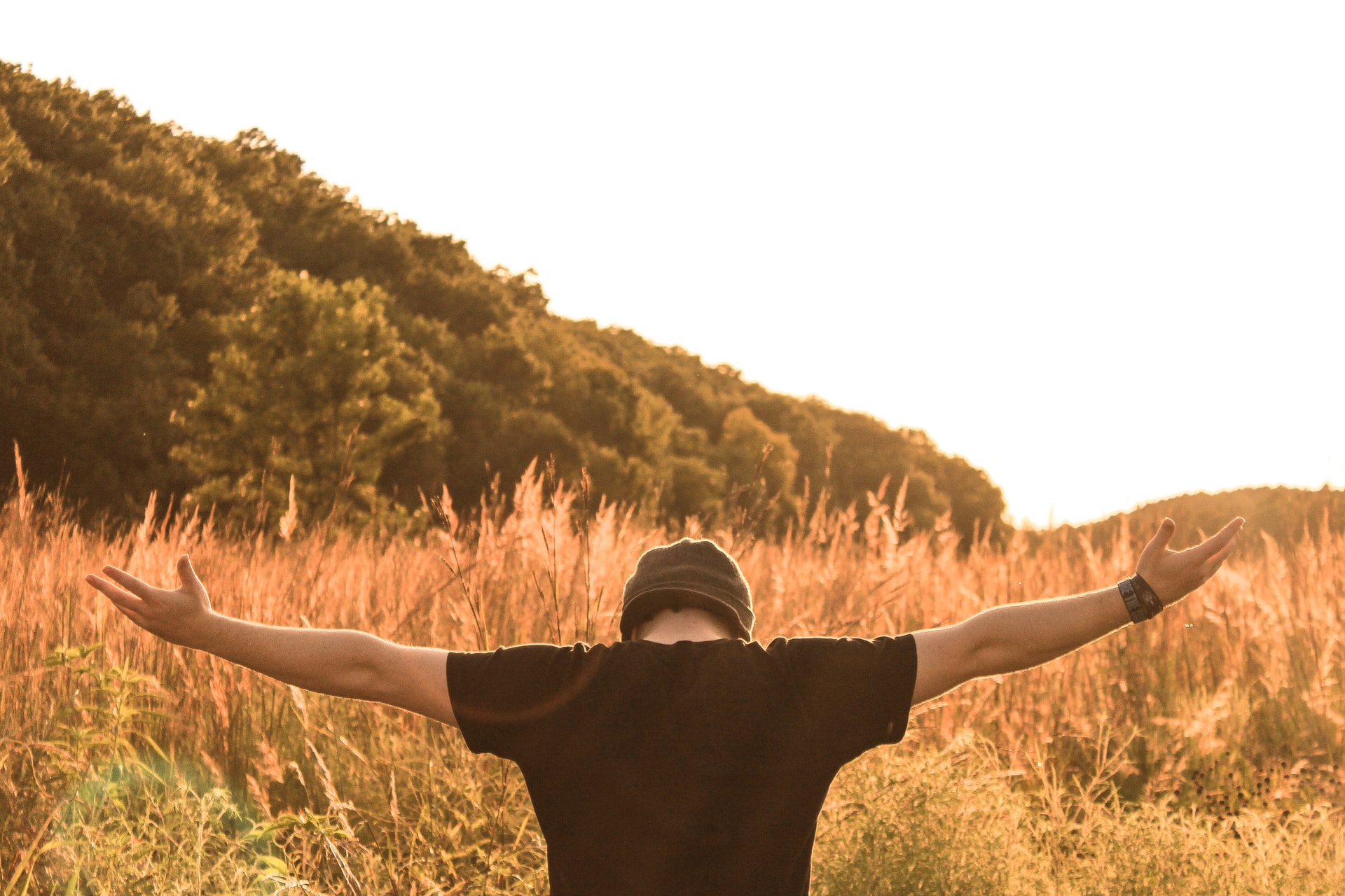 A photo of the upper backside of a young Caucasian man wearing a black t-shirt and a grey knit hat with his head leaning downward and arms outstretched against a field of tall dry grasses and a line of trees in the background