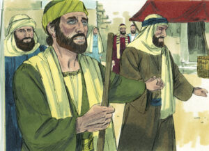 A color illustration of two men in green and pale yellow Middle Eastern garb guiding and holding a blind man's hand while he holds a staff in the other