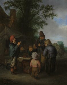 A 1648 painting by Adriaen van Ostade of a quacksalver or charlatan selling his wares to a group of townspeople