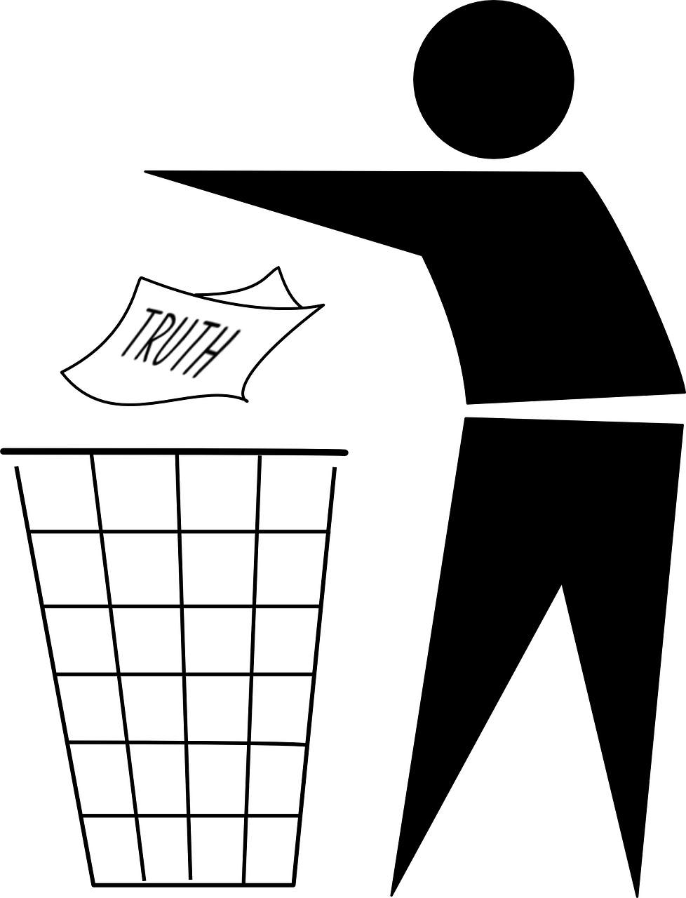 A graphical silhouette of a figure discarding a piece of paper with word "truth" on it in a wire frame trash can