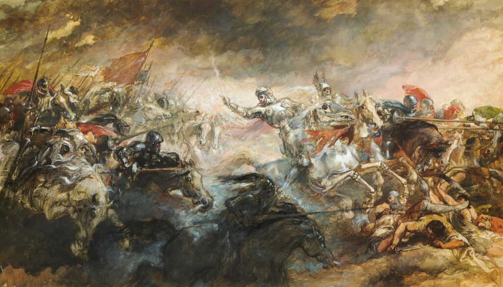 A painting of a medieval battle scene filled with horsemen and two white skeleton horsemen