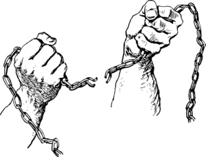 A line drawing of two clenched fists holding in the air a section of broken chain