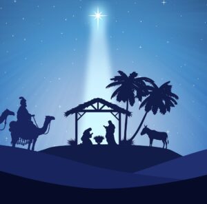 A graphical image in several shades of blue of a silhouetted manger scene in a desert with Mary, Joseph, some palm trees, a donkey, and the Wise men approaching on the left side