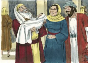 Colored artwork of Mary and Joseph looking on while Simeon holds the baby Jesus and praises God