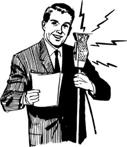 A black and white line art of a man in a suit and tie standing in front of a microphone on a stand that he is gripping with his left hand and holding up several sheets of white paper in his right hand