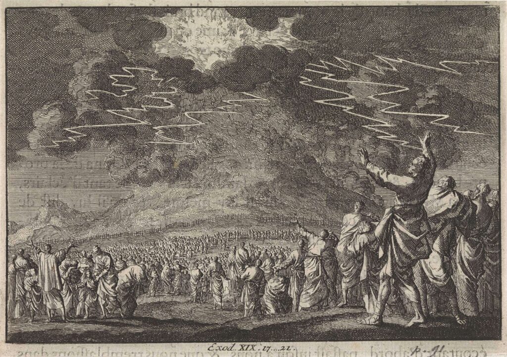 An etching by Jan Luvken of clouds and lightning of God's voice over Mount Sinai with large crowds of Israelites looking on at the base