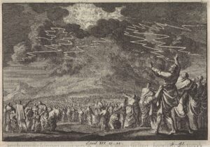 An etching by Jan Luvken of clouds and lightning over Mount Sinai with large crowds of Israelites looking on at the base