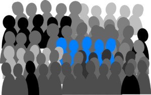 A graphical image of several rows of silhouetted figures in several shades of grey, black and white with one group of five colored in light blue