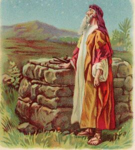 A color lithograph print of Abraham with his hand on an altar while looking upward