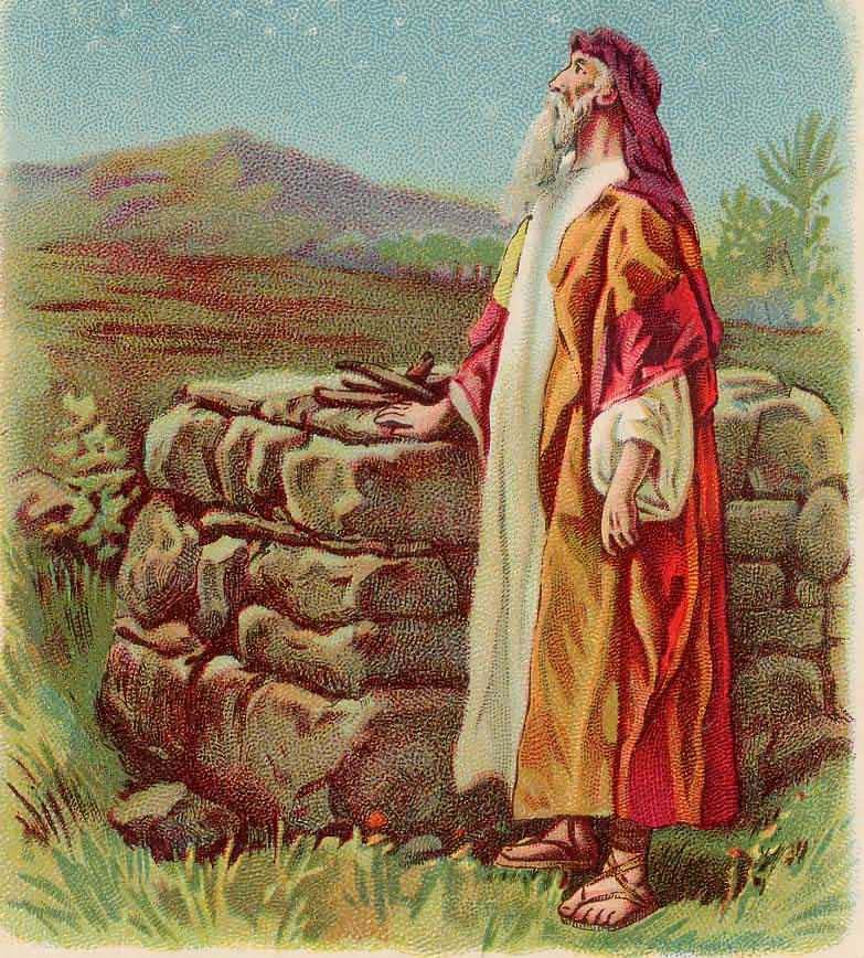 A color lithograph print of Abraham with his hand on an altar while looking upward