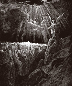 A woodcut print by Gustave DorÃ¨ of the New Jerusalem