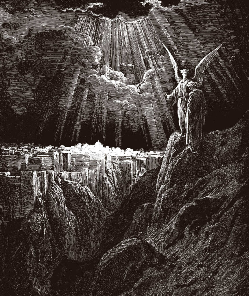 A woodcut print by Gustave Dorè of the New Jerusalem
